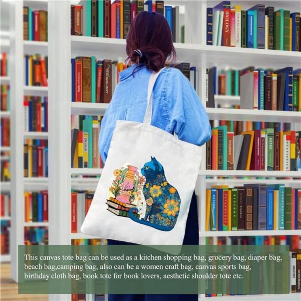 Canvas Tote Bag for Women Aesthetic Cute Cat Shopping Grocery Reusable Bag - Picture 4 of 6